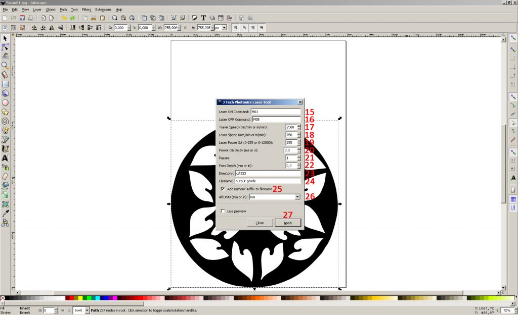 Preparing a g-code with an Inkscape + J Tech Photonics plugin