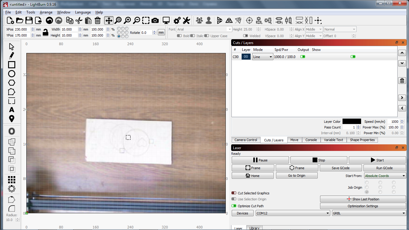 Adding a camera for positioning the sample in Lightburn software ...