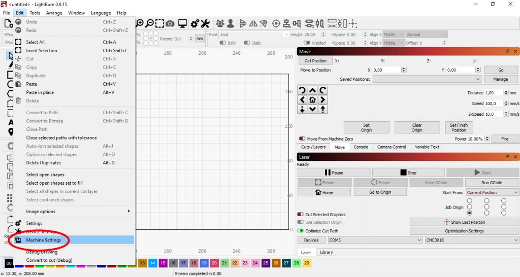 Lightburn: "Edit -> Machine Settings