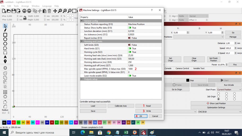 In the window that opens, click "Read" to read the settings. Check the "Max spindle speed (RPM), S-Value max ($ 30)" parameter. It should be equal to 1000. If it has a different value, change it to 1000 and click the "Write" button and the "OK" button