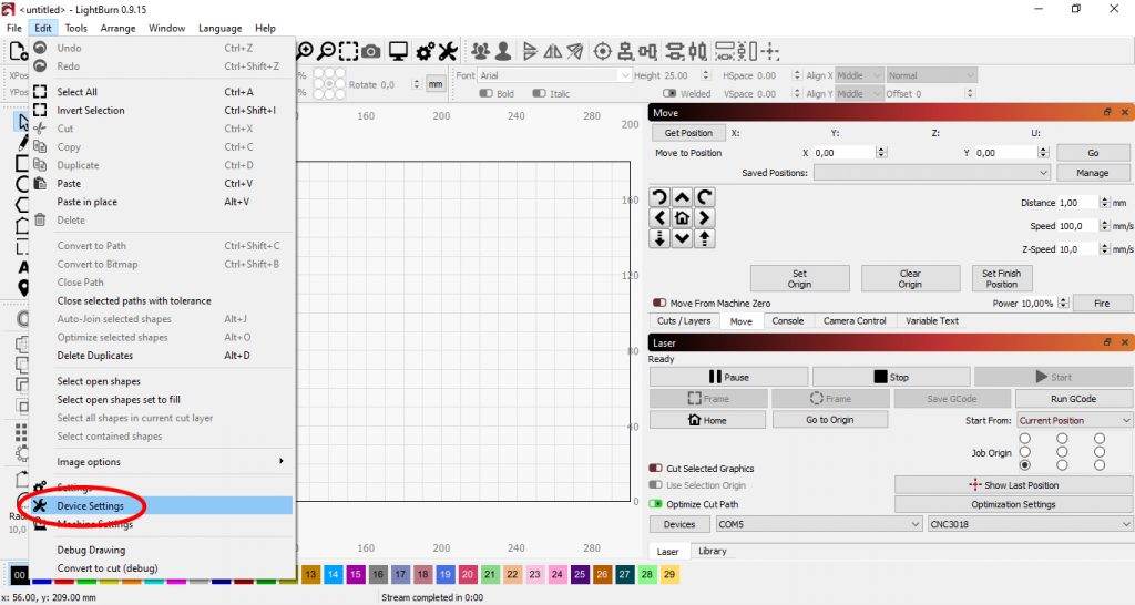 Lightburn : Open the "Edit -> Device Settings" settings