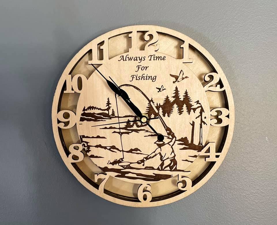 Made my son a clock! He loves fishing Made with a 10w Deluxe Endurance laser on an Ortur LM2 FrameMultiple layers of 1/4” birch