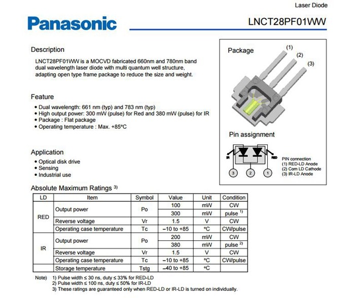 660nm 780nm Dual-wavelength Laser Diodes Panasonic