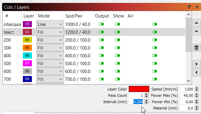 Engraving material parameter table