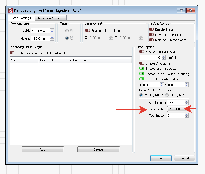 Lightburn device settings